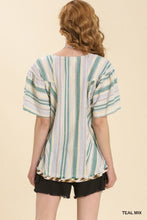 Load image into Gallery viewer, Umgee Multi Color Striped Print Short Sleeve Top in Teal Mix Top Umgee   
