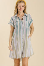 Load image into Gallery viewer, Umgee Bleached Stripped Collared Dress in Teal Mix Dress Umgee   
