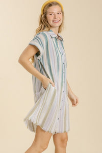 Umgee Bleached Stripped Collared Dress in Teal Mix Dress Umgee   