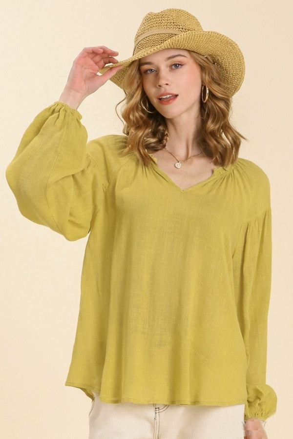 Umgee Sheer Linen Blend Split Neck Top with Long Cuffed Sleeves in Avocado Top Umgee   