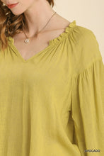 Load image into Gallery viewer, Umgee Sheer Linen Blend Split Neck Top with Long Cuffed Sleeves in Avocado Top Umgee   
