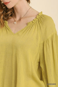 Umgee Sheer Linen Blend Split Neck Top with Long Cuffed Sleeves in Avocado Top Umgee   