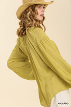 Load image into Gallery viewer, Umgee Sheer Linen Blend Split Neck Top with Long Cuffed Sleeves in Avocado Top Umgee   
