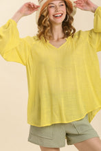 Load image into Gallery viewer, Umgee Sheer Linen Blend Split Neck Top with Long Cuffed Sleeves in Lemon FINAL SALE Top Umgee   

