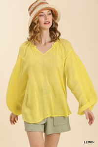 Umgee Sheer Linen Blend Split Neck Top with Long Cuffed Sleeves in Lemon FINAL SALE Top Umgee   