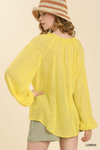 Load image into Gallery viewer, Umgee Sheer Linen Blend Split Neck Top with Long Cuffed Sleeves in Lemon FINAL SALE Top Umgee   
