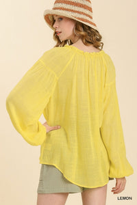 Umgee Sheer Linen Blend Split Neck Top with Long Cuffed Sleeves in Lemon FINAL SALE Top Umgee   