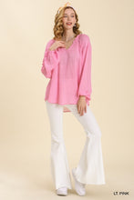Load image into Gallery viewer, Umgee Sheer Linen Blend Split Neck Top with Long Cuffed Sleeves in Light Pink Top Umgee   
