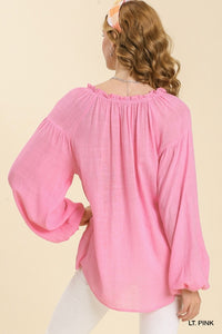 Umgee Sheer Linen Blend Split Neck Top with Long Cuffed Sleeves in Light Pink Top Umgee   