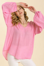 Load image into Gallery viewer, Umgee Sheer Linen Blend Split Neck Top with Long Cuffed Sleeves in Light Pink Top Umgee   
