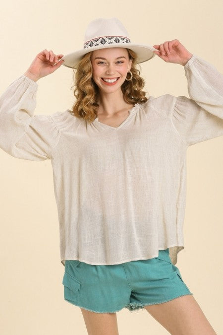 Umgee Sheer Linen Blend Split Neck Top with Long Cuffed Sleeves in Oatmeal-FINAL SALE Top Umgee   