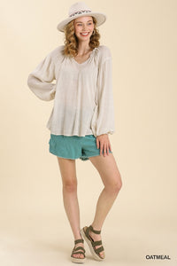 Umgee Sheer Linen Blend Split Neck Top with Long Cuffed Sleeves in Oatmeal Top Umgee   