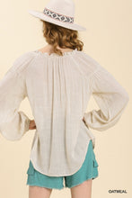 Load image into Gallery viewer, Umgee Sheer Linen Blend Split Neck Top with Long Cuffed Sleeves in Oatmeal Top Umgee   
