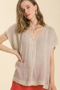 Umgee Sheer Linen Blend Top with Short Folded Sleeves in Oatmeal-FINAL SALE Shirts & Tops Umgee   