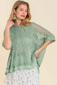 Umgee Crochet Short Sleeve Knit Sweater in Light Sage Top Umgee   