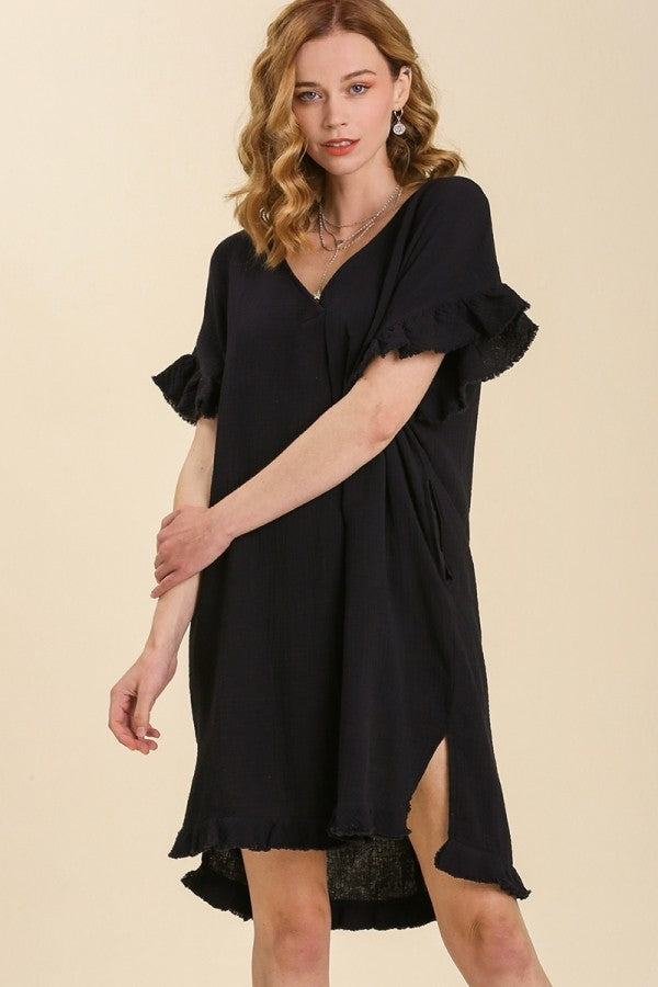 Umgee V-Neck Ruffle Sleeve Dress in Black FINAL SALE Dress Umgee   