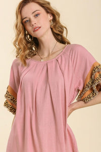 Umgee Linen Blend Pleated Top with Ruffle Animal Print Sleeves in Light Mauve Top Umgee   