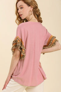 Umgee Linen Blend Pleated Top with Ruffle Animal Print Sleeves in Light Mauve Top Umgee   