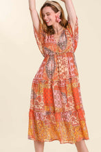 Load image into Gallery viewer, Umgee Mixed Print Tiered Smocked Detail Maxi Dress in Orange Mix Dress Umgee   
