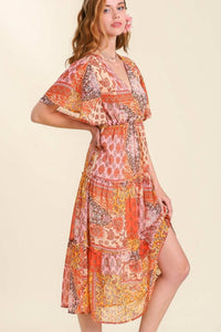 Umgee Mixed Print Tiered Smocked Detail Maxi Dress in Orange Mix Dress Umgee   