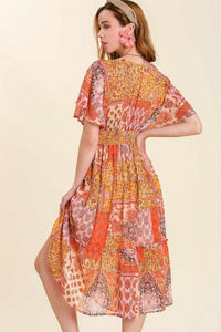 Umgee Mixed Print Tiered Smocked Detail Maxi Dress in Orange Mix Dress Umgee   