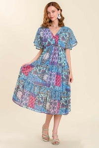 Umgee Mixed Print Tiered Smocked Detail Maxi Dress in Sky Blue Mix Dress Umgee   