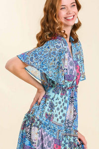 Umgee Mixed Print Tiered Smocked Detail Maxi Dress in Sky Blue Mix Dress Umgee   