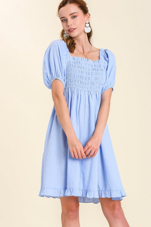 Umgee Smocked Dress with Puff Sleeves in Peri Blue-FINAL SALE Dress Umgee   