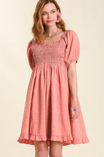 Load image into Gallery viewer, Umgee Smocked Dress with Puff Sleeves in Sugar Coral Dress Umgee   
