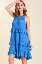 Load image into Gallery viewer, Umgee Smocked Round Neck Back Tie Layered Ruffle Dress in Azure Dress Umgee   
