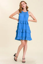 Load image into Gallery viewer, Umgee Smocked Round Neck Back Tie Layered Ruffle Dress in Azure Dress Umgee   
