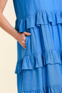 Umgee Smocked Round Neck Back Tie Layered Ruffle Dress in Azure Dress Umgee   