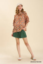 Load image into Gallery viewer, Umgee Metallic Floral Print Top with Ruffle Layered Sleeves in Orange Red Mix Top Umgee   
