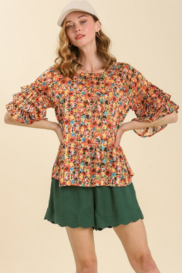 Umgee Metallic Floral Print Top with Ruffle Layered Sleeves in Orange Red Mix Top Umgee   