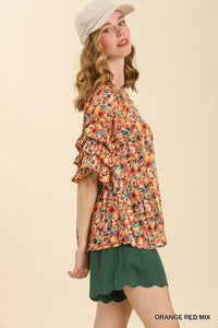 Umgee Metallic Floral Print Top with Ruffle Layered Sleeves in Orange Red Mix Top Umgee   