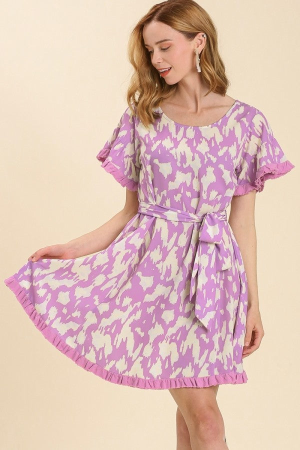 Umgee Printed Dress with Waist Tie in Lavender June Adel