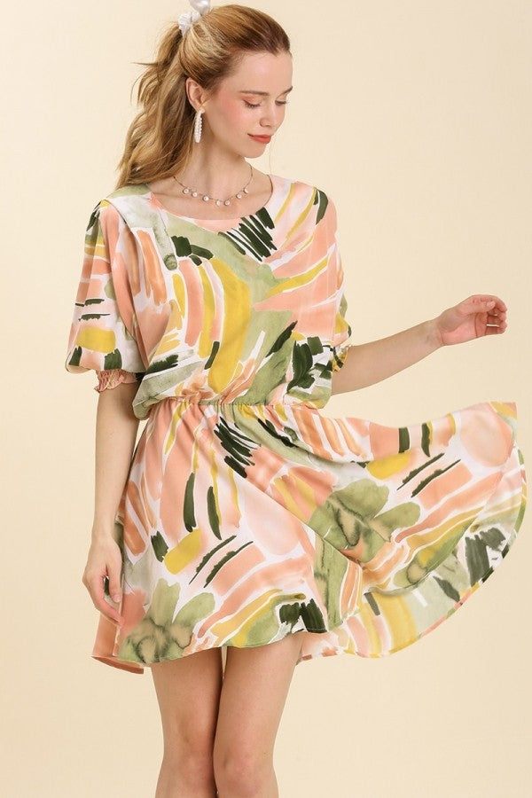 Umgee Abstract Print 3/4 Sleeve Dress in Sage Mix Dress Umgee   