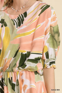 Umgee Abstract Print 3/4 Sleeve Dress in Sage Mix Dress Umgee   