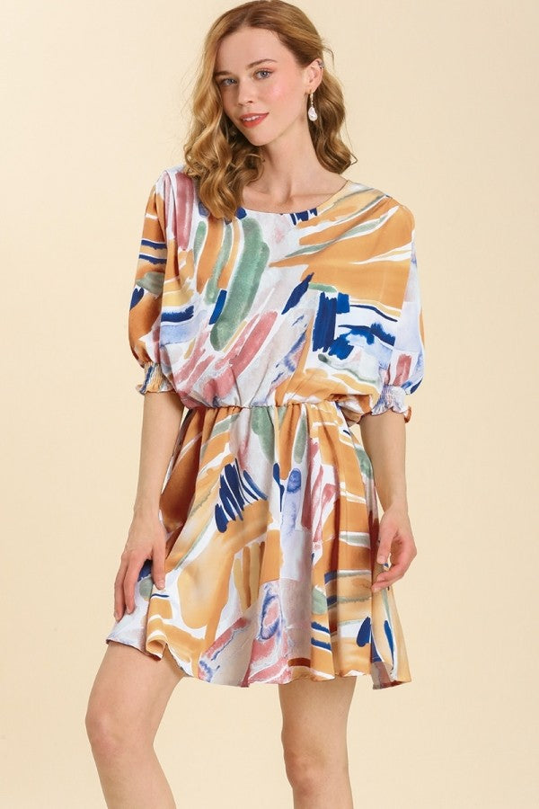 Umgee Abstract Print 3/4 Sleeve Dress in Tangerine Mix Dress Umgee   