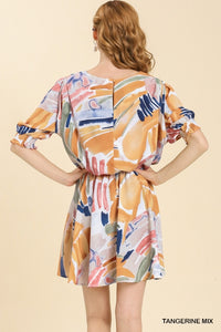 Umgee Abstract Print 3/4 Sleeve Dress in Tangerine Mix Dress Umgee   