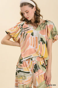 Umgee Abstract Top with Puff Sleeves in Sage Mix Top Umgee   