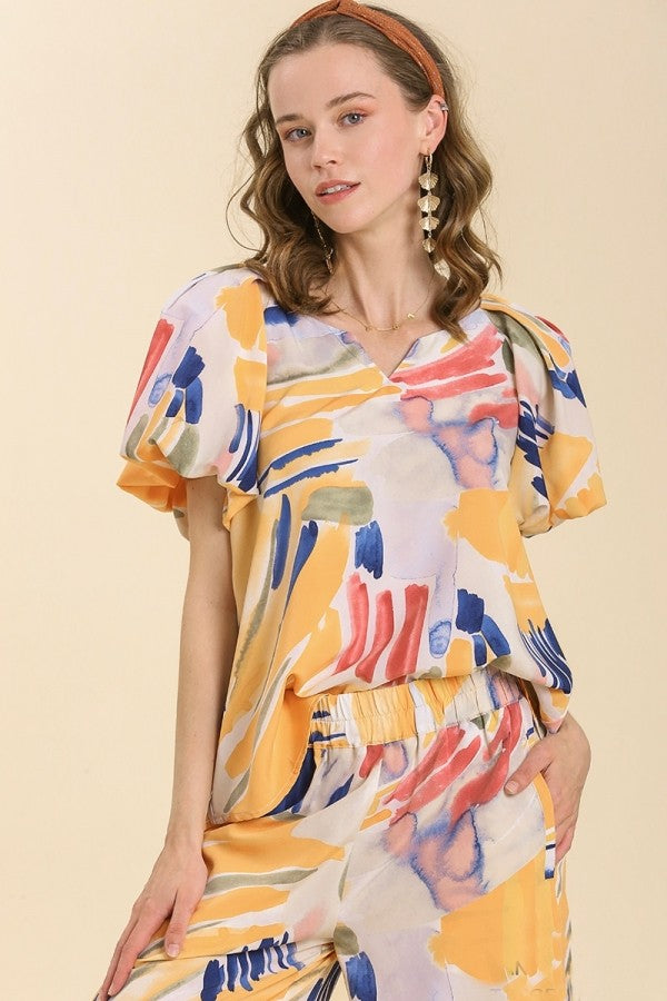 Umgee Abstract Top with Puff Sleeves in Tangerine Mix Top Umgee   