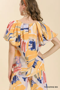 Umgee Abstract Top with Puff Sleeves in Tangerine Mix Top Umgee   