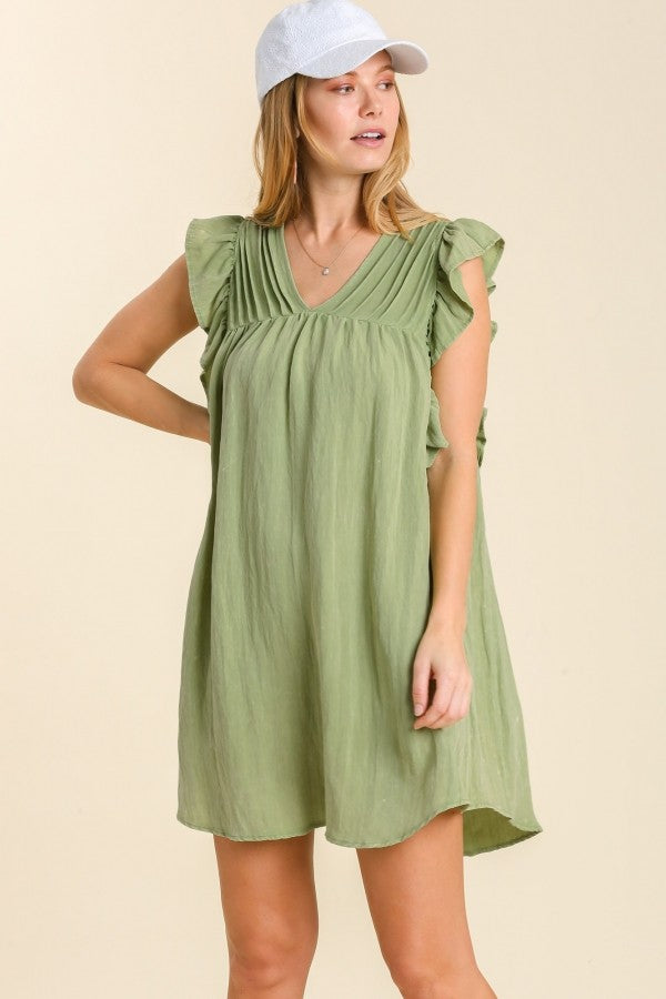 Umgee Snow Washed Dress with Pleated Details in Sage Dress Umgee   