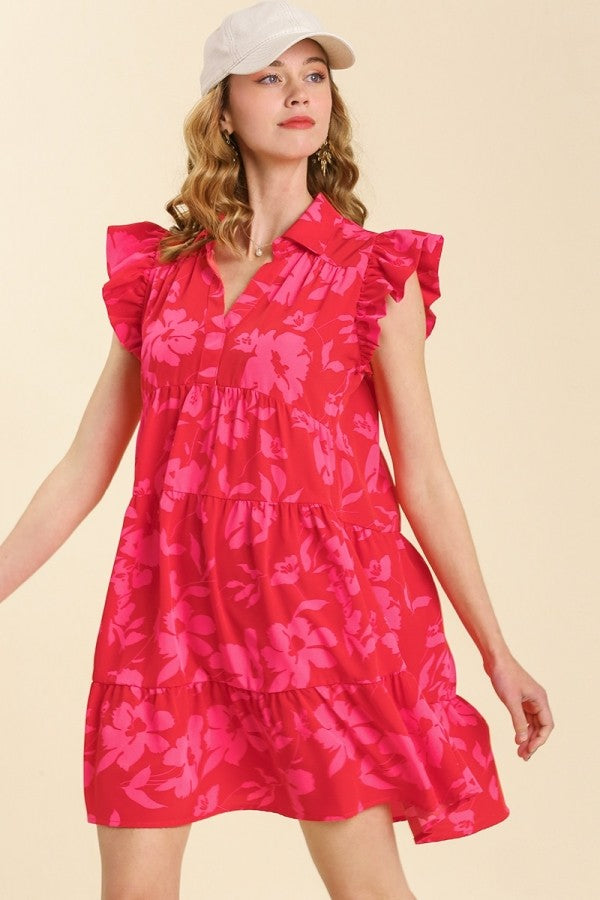Umgee Floral Print Collar Tiered Dress in Red Mix ON ORDER Dress Umgee   
