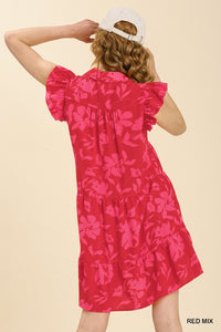 Umgee Floral Print Collar Tiered Dress in Red Dress Umgee   