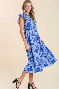 Umgee Split Neck Graphic Floral Print Tiered Maxi Dress in Periwinkle Mix Dresses Umgee   