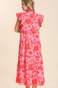 Umgee Split Neck Graphic Floral Print Tiered Maxi Dress in Rose Mix Dress Umgee   