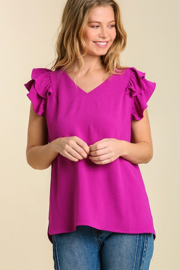 Umgee Flutter Sleeve V-Neck Top in Purple Top Umgee   