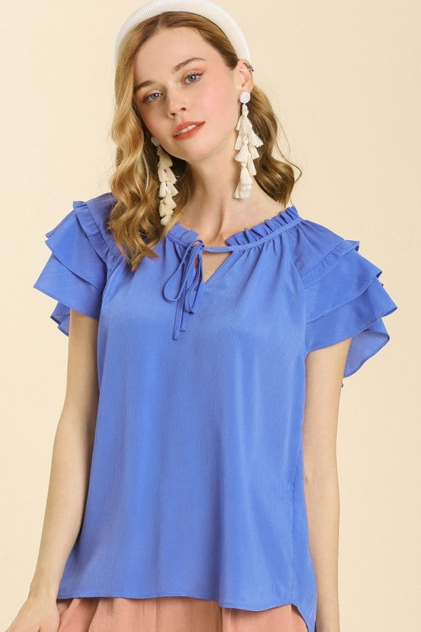 Umgee Azure Blue Top with Short Ruffled Sleeves FINAL SALE Top Umgee   